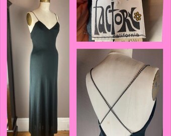 1970s George’s Factory California Black Gown with Rhinestone Straps - Small