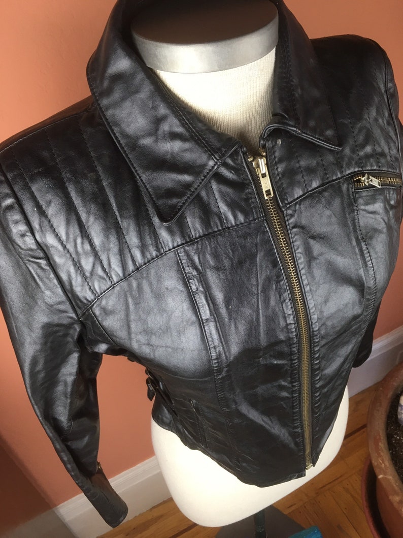1980s Womens Black Cropped Leather Jacket image 3