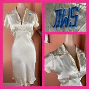 1940s Monogrammed Silk and Rayon Bias Cut Nightgown - Small