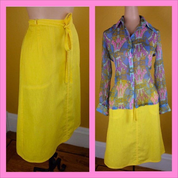 Yellow 1970s Cotton Wrap Skirt - Medium/Large - image 1