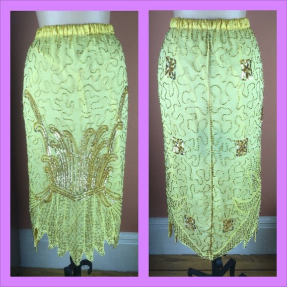 1980s Yellow Deco Style Beaded Silk Chiffon Skirt… - image 1