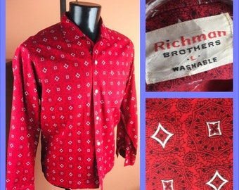 1950s Mens Cotton Print Loop Collar Shirt - Richman Brothers Rockabilly Shirt - Large