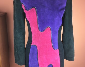 1980s Chia Colorblocked Suede Dress With Flexible Knit  Panels - Size 4 to 6