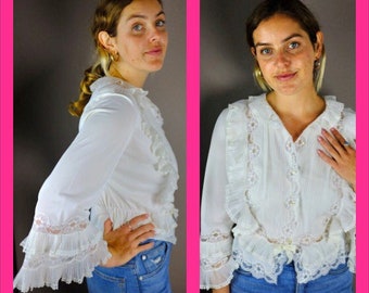 1960s Cream Neo-Edwardian Blouse with Ruffles and Lace