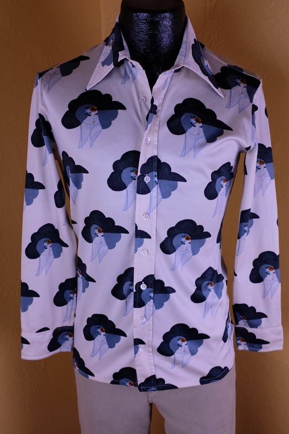 70s Deco Print Polyester Mens Party Shirt - Medium
