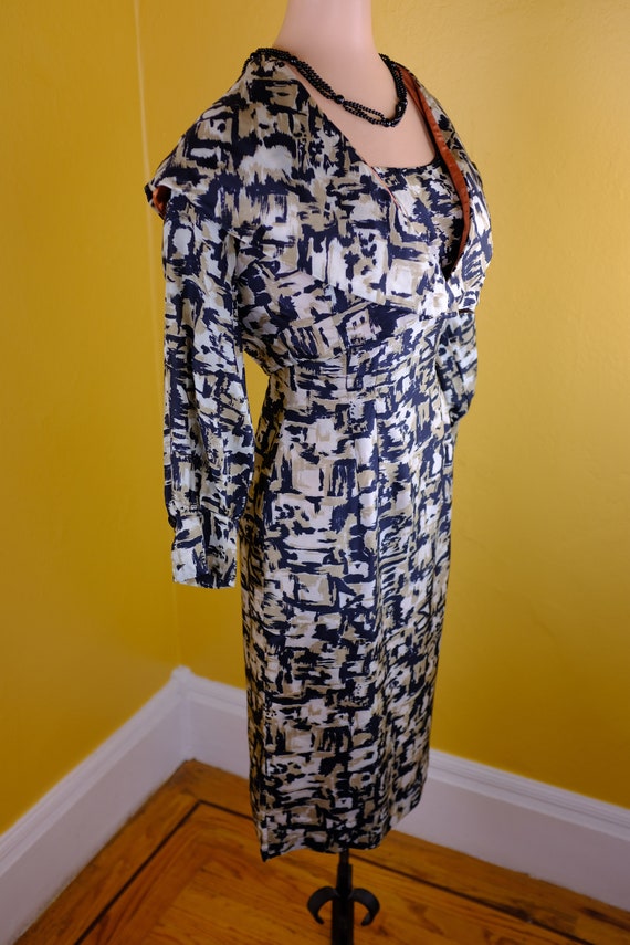 1950s Silk Print Dress Suit - xs - image 3