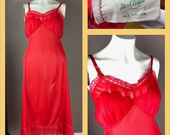 1960s Miss Elaine Red  Nylon Slip with Pleating and Lace - XS