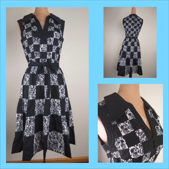 1960s Black and White Print Patchwork Shirtdress … - image 1