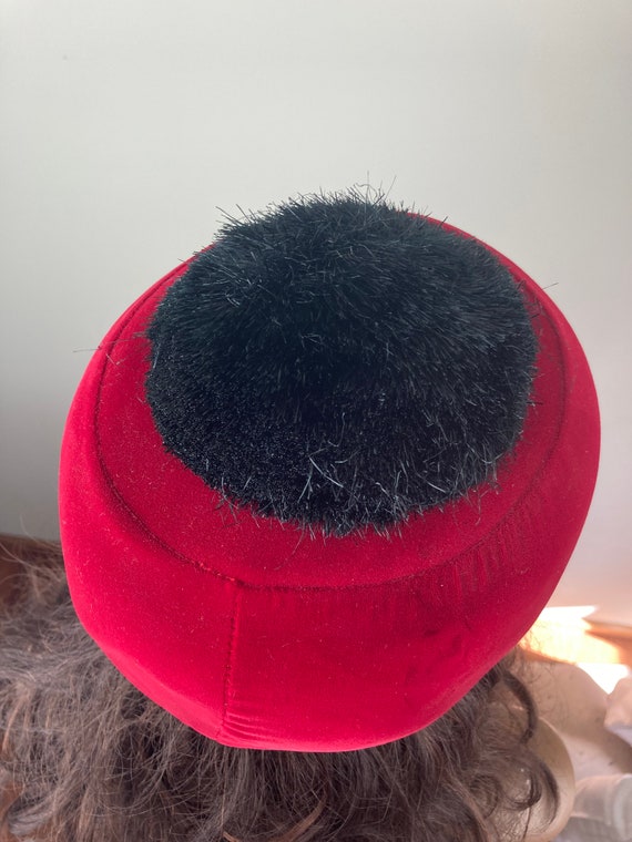 1960s Mod Red Velvet Hat with Black Pompom - image 4