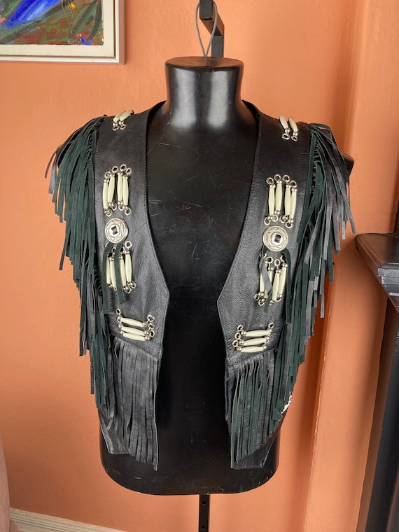 Beaded and Fringed Womens Black Tribal Leather Ve… - image 2