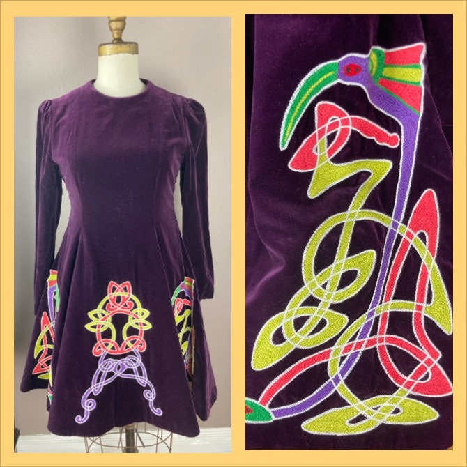 purple irish dance dress 1980s / 1990s Embroidered Velvet Celtic Irish Step Dance Dress - Adult  Small/medium