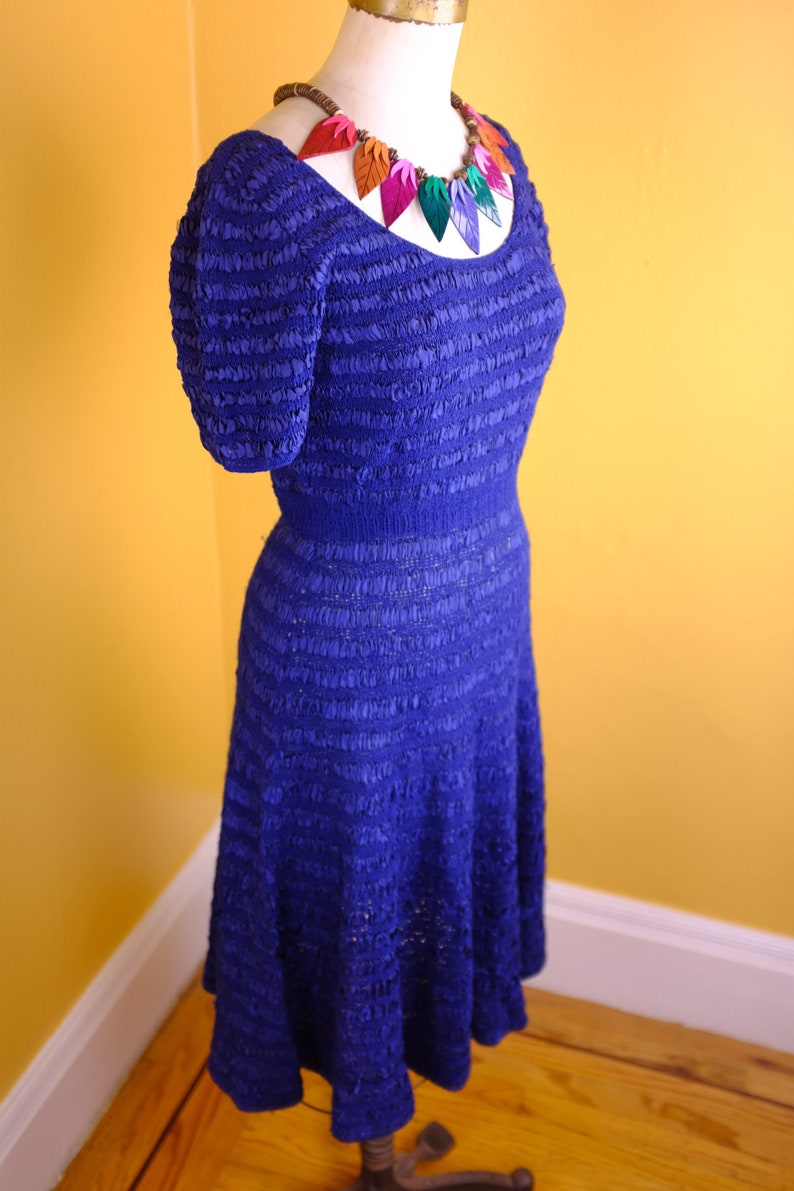 Royal Blue 1940s/50s Silk Ribbon and Wool Knit Dress image 2