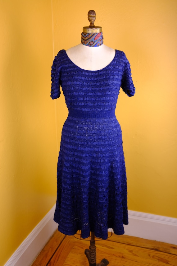 Royal Blue 1940s/50s Silk Ribbon and Wool Knit Dr… - image 8