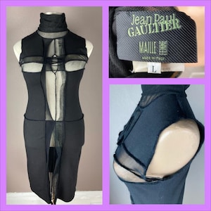 1990s Gaultier Maille Femme Black Mesh Turtleneck Dress - Large