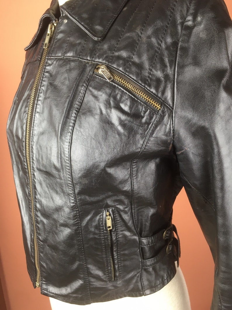 1980s Womens Black Cropped Leather Jacket image 2