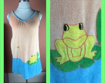 1960s / 1970s Frog Themed Stretch Terry Cloth Dress - XL