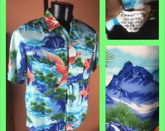 50's Vintage PENNEYS Rayon Loop Collar Hawaiian Shirt XL Made in
