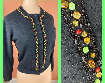 1960s Black Beaded Wool Cardigan Sweater