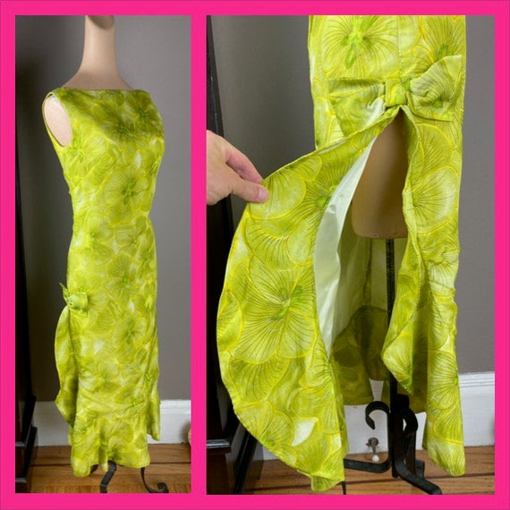 1960s Chartreuse Hawaiian Print Dress - Floral Pr… - image 1