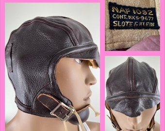 World War 2 US Navy Pilot Leather Flight Helmet Hat Cap NAF 1092 Slote & Klein - Size 7 1/2