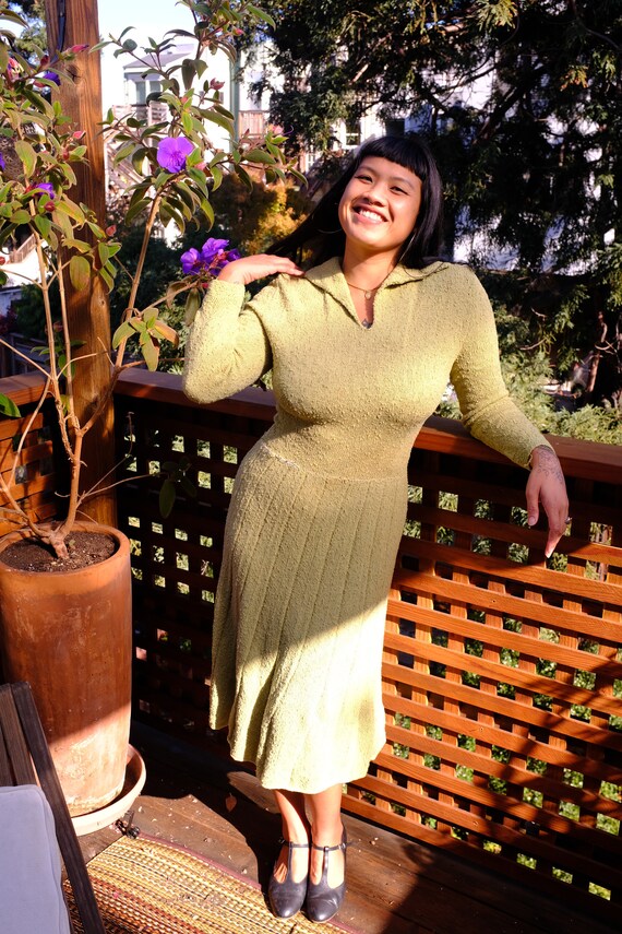 1940s Moss Green Knit Dress - Size 10