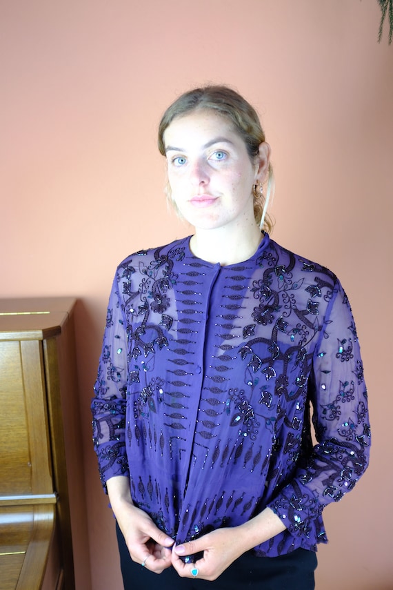 1980s/1990s Marian Clayden Purple Beaded Silk Blou