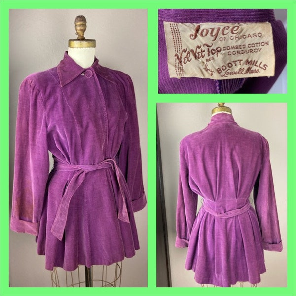 Veste violette en velours côtelé des années 30/40 avec basque et ceinture assortie - telle quelle