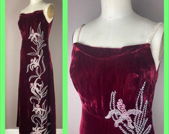 1960s Burgundy Velvet Dress with Beaded Lily Design