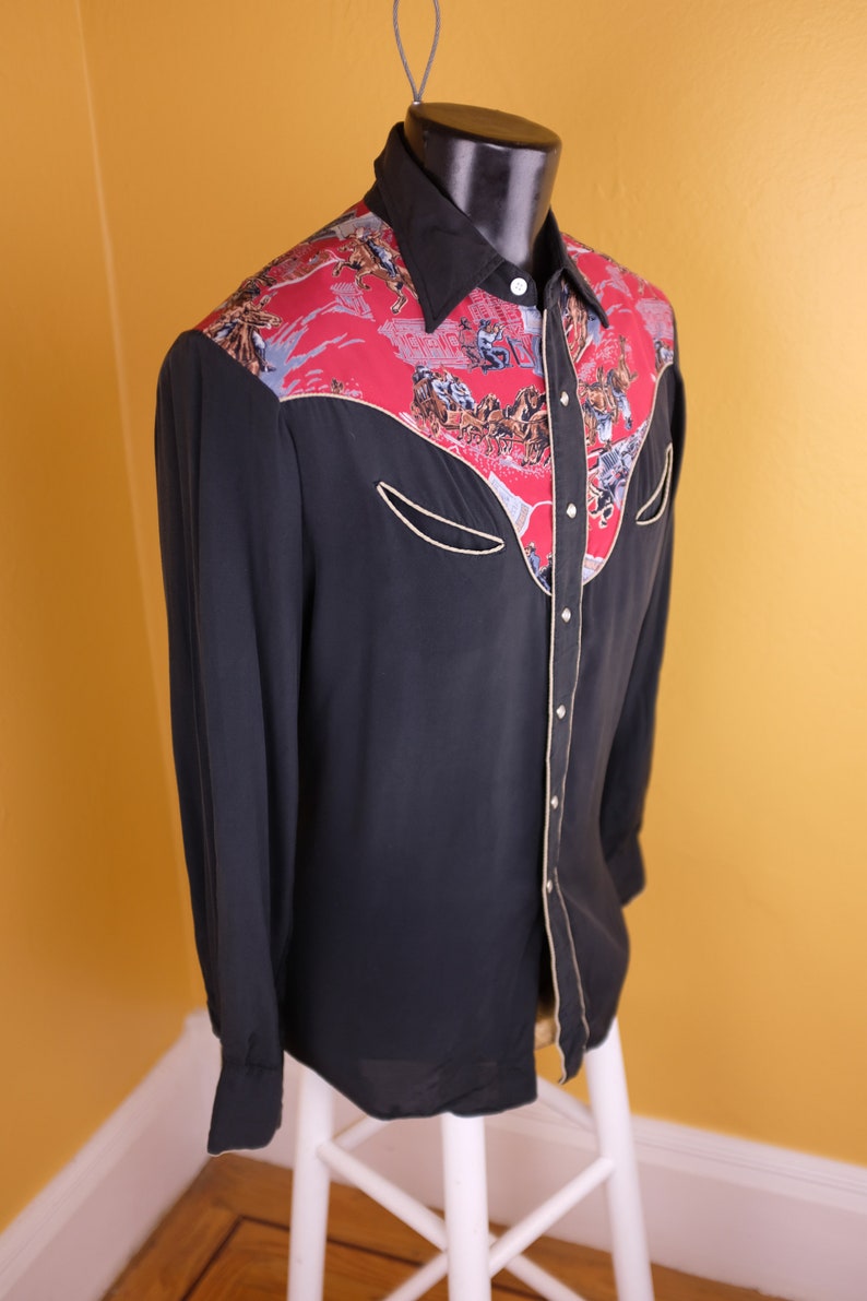 1950s / 1960s Rayon Shirt Jesse James Themed Western Shirt image 2