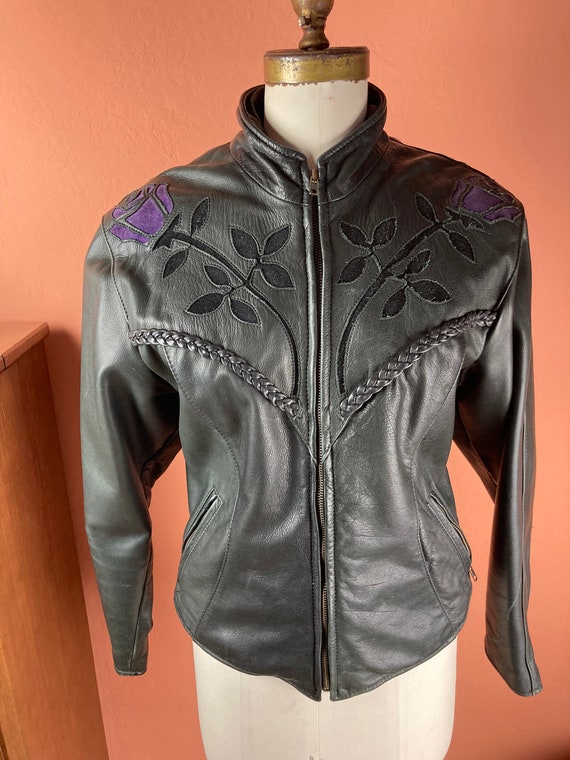 1980s Fringe Leather Jacket With Purple Inlay Rose De… - Gem