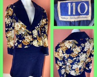 Late 1960s / Early 1970s Velour Mini Skirt Suit - Blue  Floral 70s Skirt Suit - Small