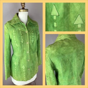 1970s Green Suede Jacket with Leather Arrow Motif - S/M