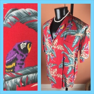 1980s / 1990s Red Rayon Hawaiian Print Parrot Shirt - Extra Large XL