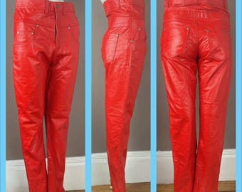 1980s Red leather jeans - Vintage Red leather pants - Small