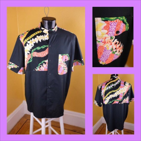 1980s Homemade Black Cotton Hawaiian Print Shirt -