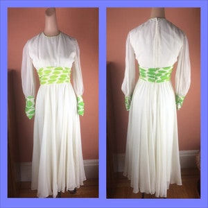 1960s / 1970s Silk Chiffon Maxi Dress with Polka Dot Waist - Vintage Gown - Size 4 - **As Is**