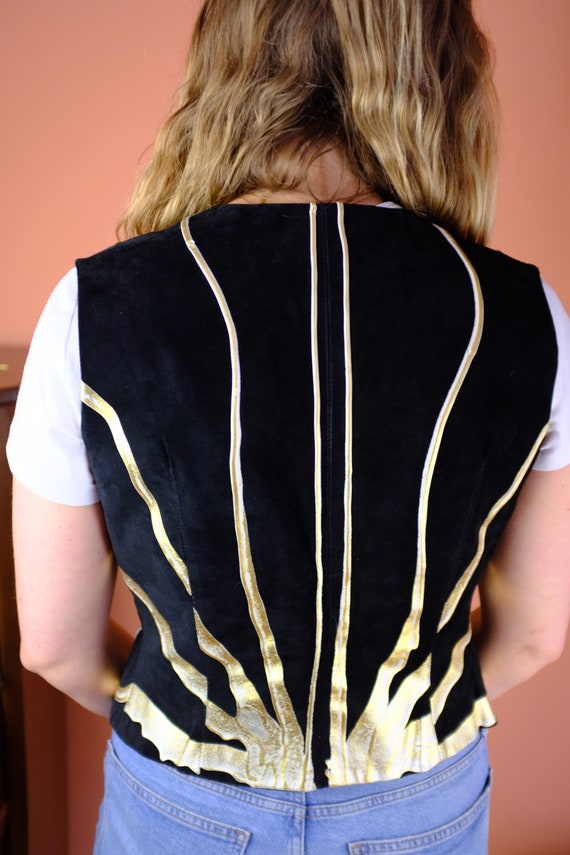 1980s/1990s Black Suede Vest with Handpainted Gol… - image 5