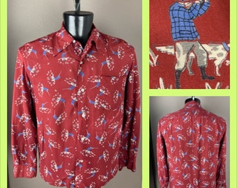 1940s Red Hunter With Dog Print Rayon Shirt - Medium - **As Is**