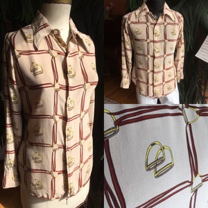 1970s Jaeger Equestrian Print Silk Blouse