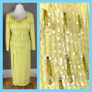 Custom 1980s Yellow Sequined / Beaded Gown - Volup 80s Dress