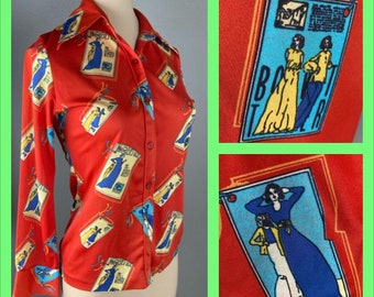 1970s Vintage Fashion Print Polyester Blouse