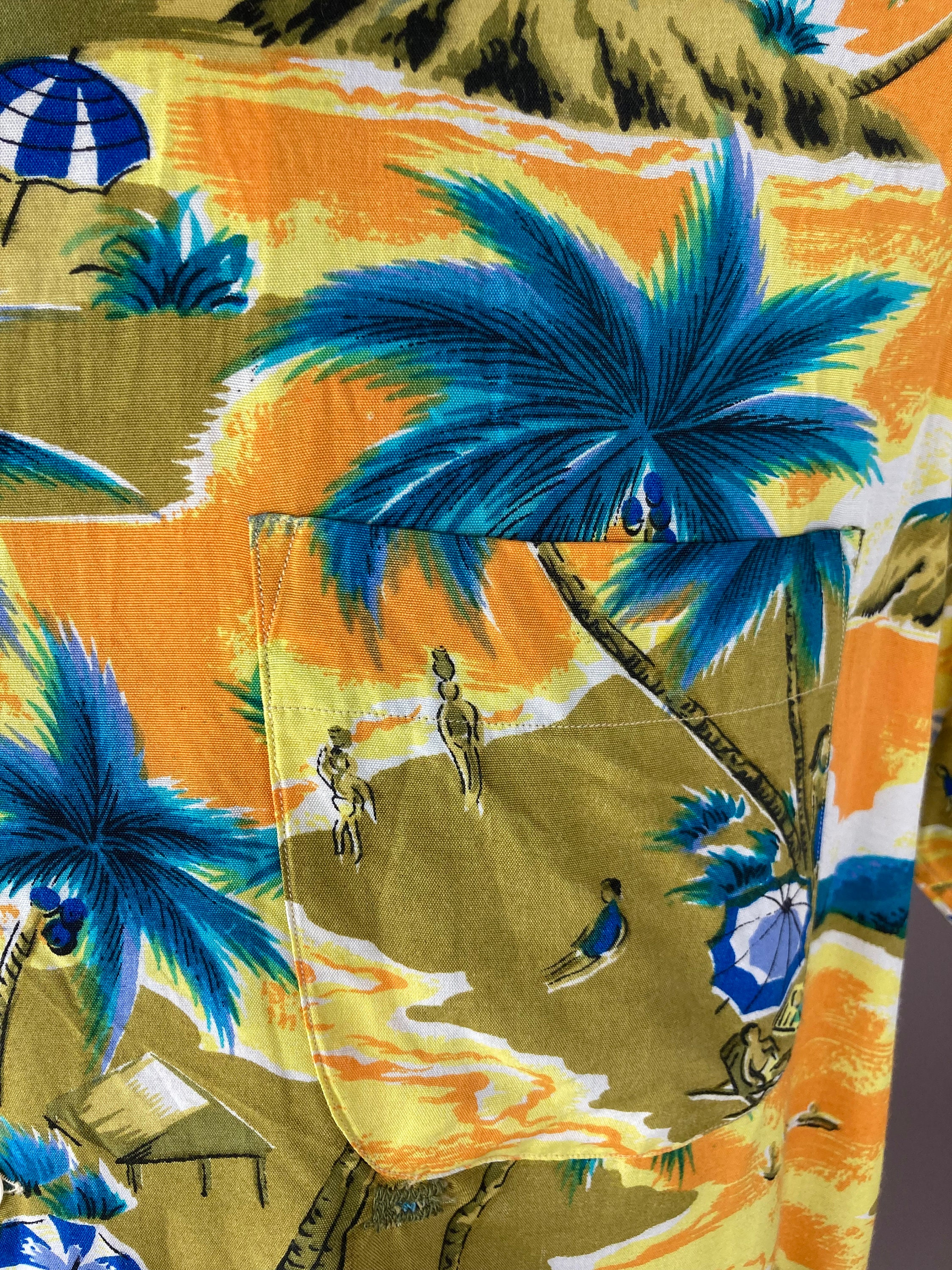 1950s / 1960s Aloha Shirts Orange Rayon Loop Collar Hawaiian Shirt 