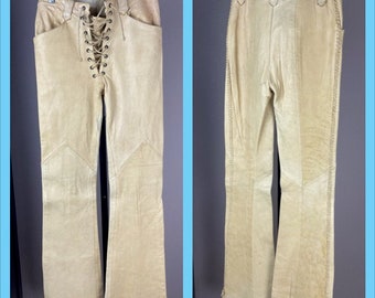 1960s / 1970s Deerskin Leather Flared Lace-Up Jeans - 28” Waist