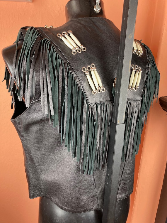 Beaded and Fringed Womens Black Tribal Leather Ve… - image 8