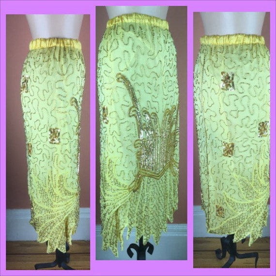 1980s Yellow Deco Style Beaded Silk Chiffon Skirt… - image 6