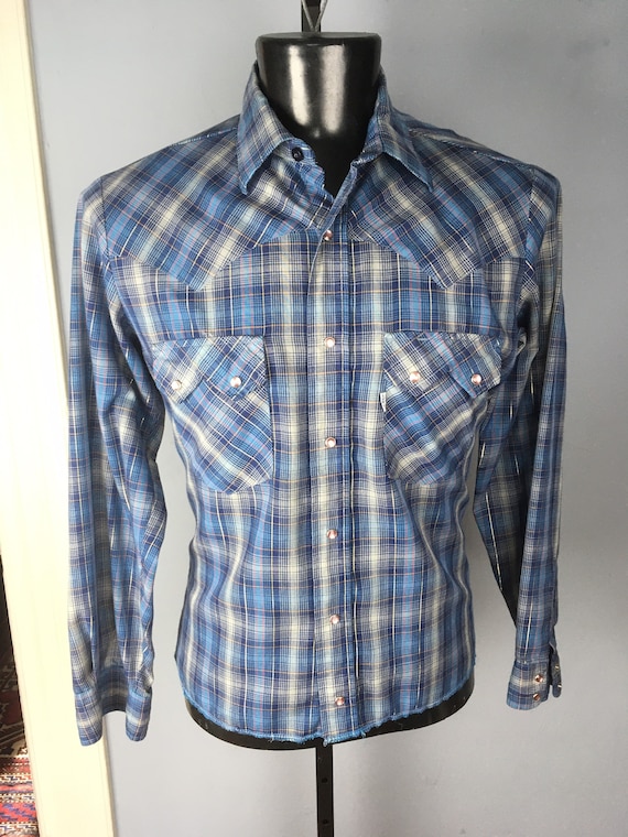 1980s Blue Plaid Levis Western Shirt with lamé - … - image 1