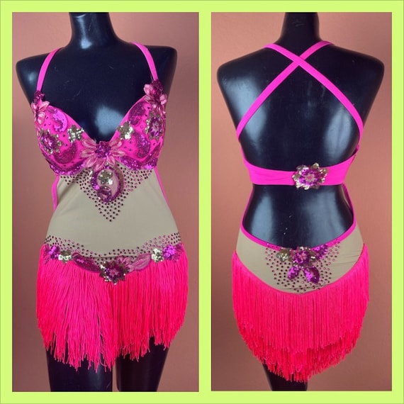 Pink Fringe Beaded Dance Leotard Burlesque Costume Gem