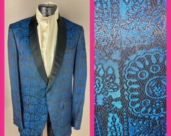 1960er Jahre Formelle Handwerk Blau Brokat Dinner Jacket - Größe 37L