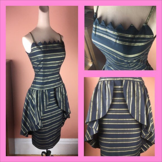 Black and Gold Striped 1950s Cotton Dress - image 1