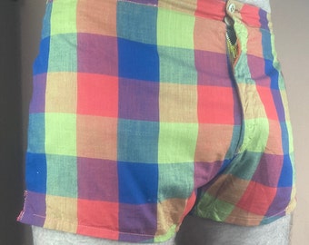Cute 1960s Orange Plaid Mens Shorts / Bathing Suit - 34” Waist
